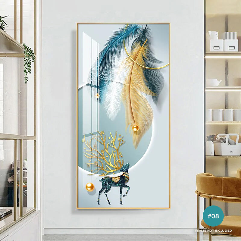 Modern Abstract Auspicious Mystical Deer Landscape Wall Art Fine Art Canvas Prints Golden Ring Feather Pictures For Luxury Living Room Wall Decor