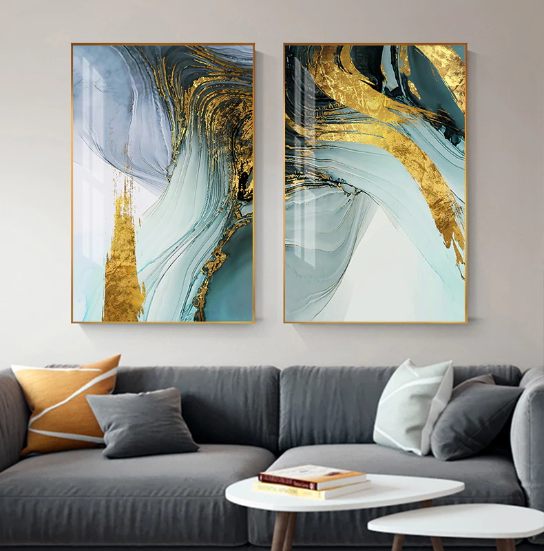 Modern Luxury Abstract Wall Art Golden Blue Jade Fine Art Canvas Prints Fashionable Pictures For Office Living Room or Bedroom Decor