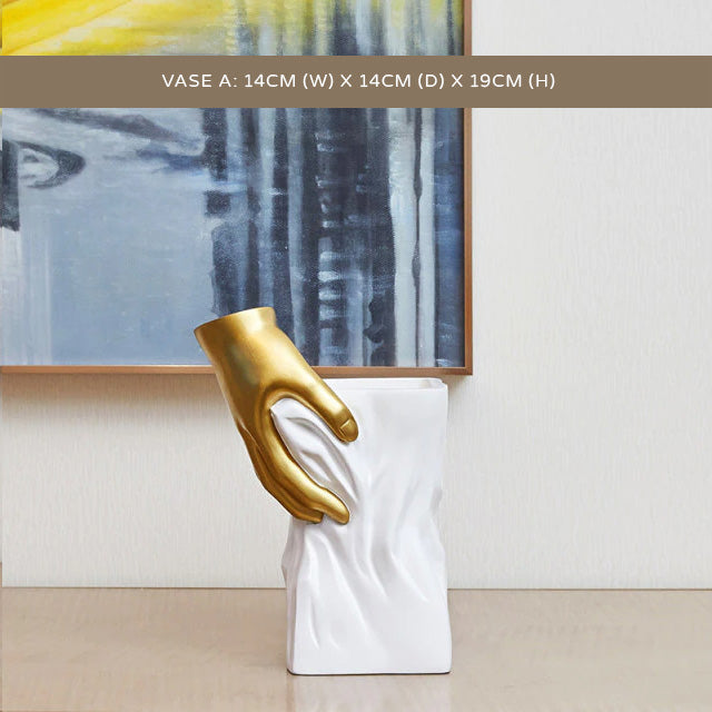 Modern Nordic Abstract Art Vase White With Golden Hand Decorative Minimalist Tabletop Vase For Luxury Living Room Dressing Room Salon Home Decor