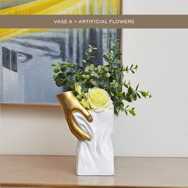 Modern Nordic Abstract Art Vase White With Golden Hand Decorative Minimalist Tabletop Vase For Luxury Living Room Dressing Room Salon Home Decor