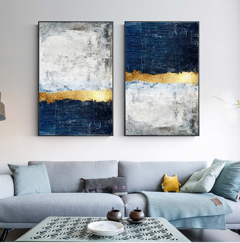 Modern Vintage Abstract Wall Art Golden Blue Gray Block Contemporary Fine Art Canvas Prints Luxury Home Office Wall Art Decor