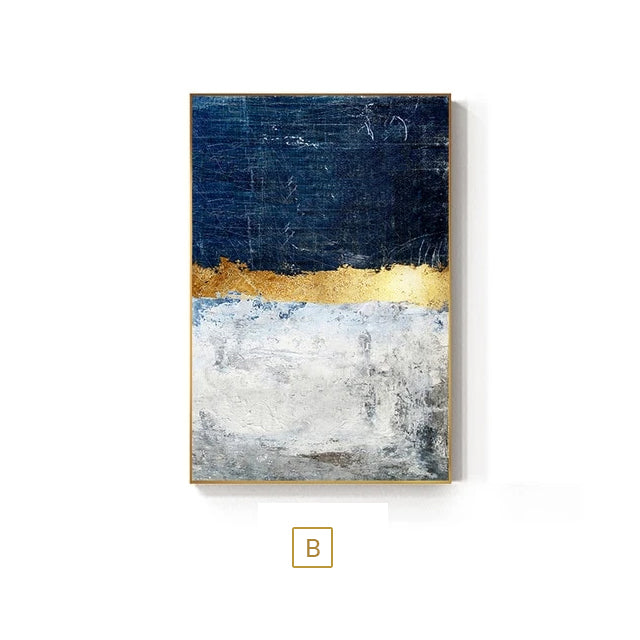 Modern Vintage Abstract Wall Art Golden Blue Gray Block Contemporary Fine Art Canvas Prints Luxury Home Office Wall Art Decor