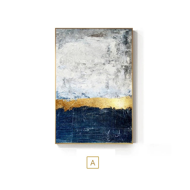 Modern Vintage Abstract Wall Art Golden Blue Gray Block Contemporary Fine Art Canvas Prints Luxury Home Office Wall Art Decor