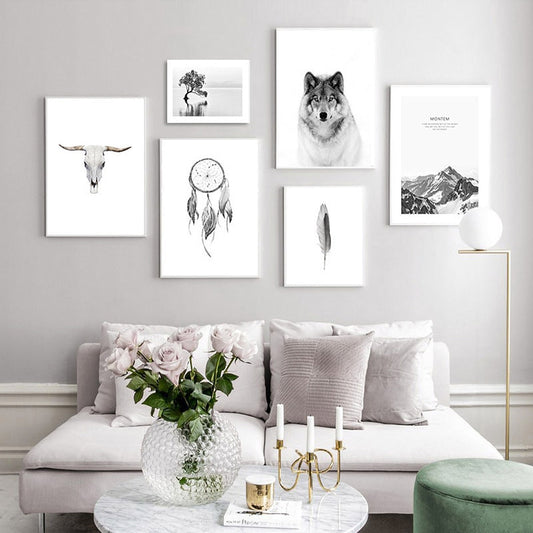 Mystical Wolf Mountain Landscape Wall Art Fine Art Canvas Prints Feather Skull Dream Catcher Minimalist Black White Wall Art Nordic Home Decor