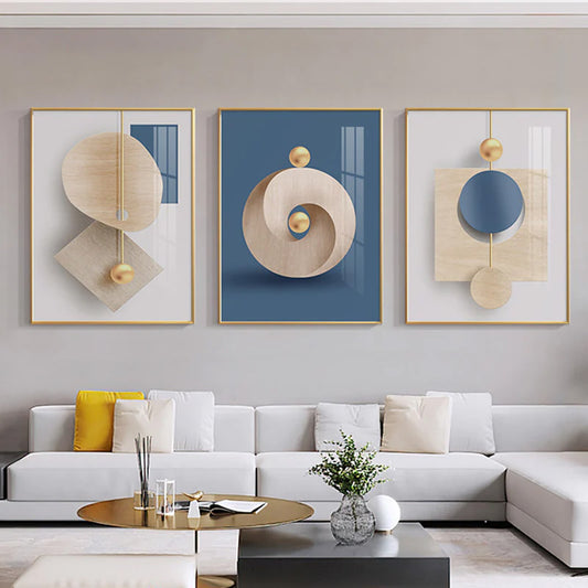 Nordic Abstract Spherical Geometric Wall Art Fine Art Canvas Prints Golden Blue Beige Pictures For Luxury Living Room Bedroom Home Office Interior Decor