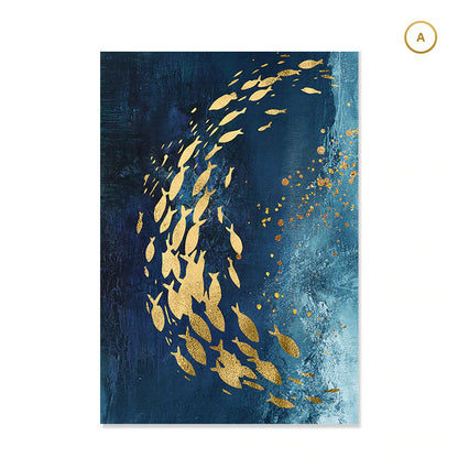 Gold fish - abstract wall pano , acrylic green and gold painting