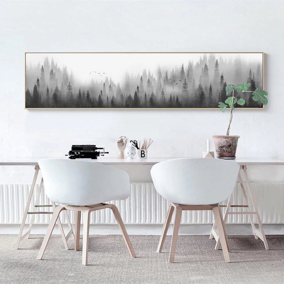 Nordic Woodland Landscape Panorama Wide Format Morning Mist Wilderness Forest Wall Art Canvas Prints For Living Room Modern Home Decor