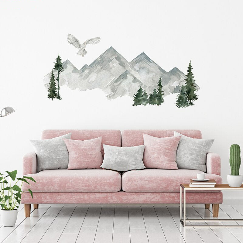 Owl Mountain Landscape Wall Mural Grey White Green Removable Self Adhesive PVC Wall Decal For Living Room Kid's Bedroom Nursery Wall Decor