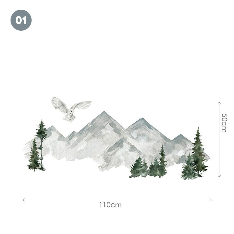 Owl Mountain Landscape Wall Mural Grey White Green Removable Self Adhesive PVC Wall Decal For Living Room Kid's Bedroom Nursery Wall Decor