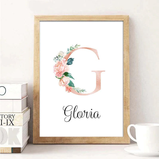 Baby's Name Personalized Wall Art Poster Floral Design Fine Art Canvas Print Cute Custom Made Kid's Room Picture For Baby Girls Bedroom Nursery Art Decor