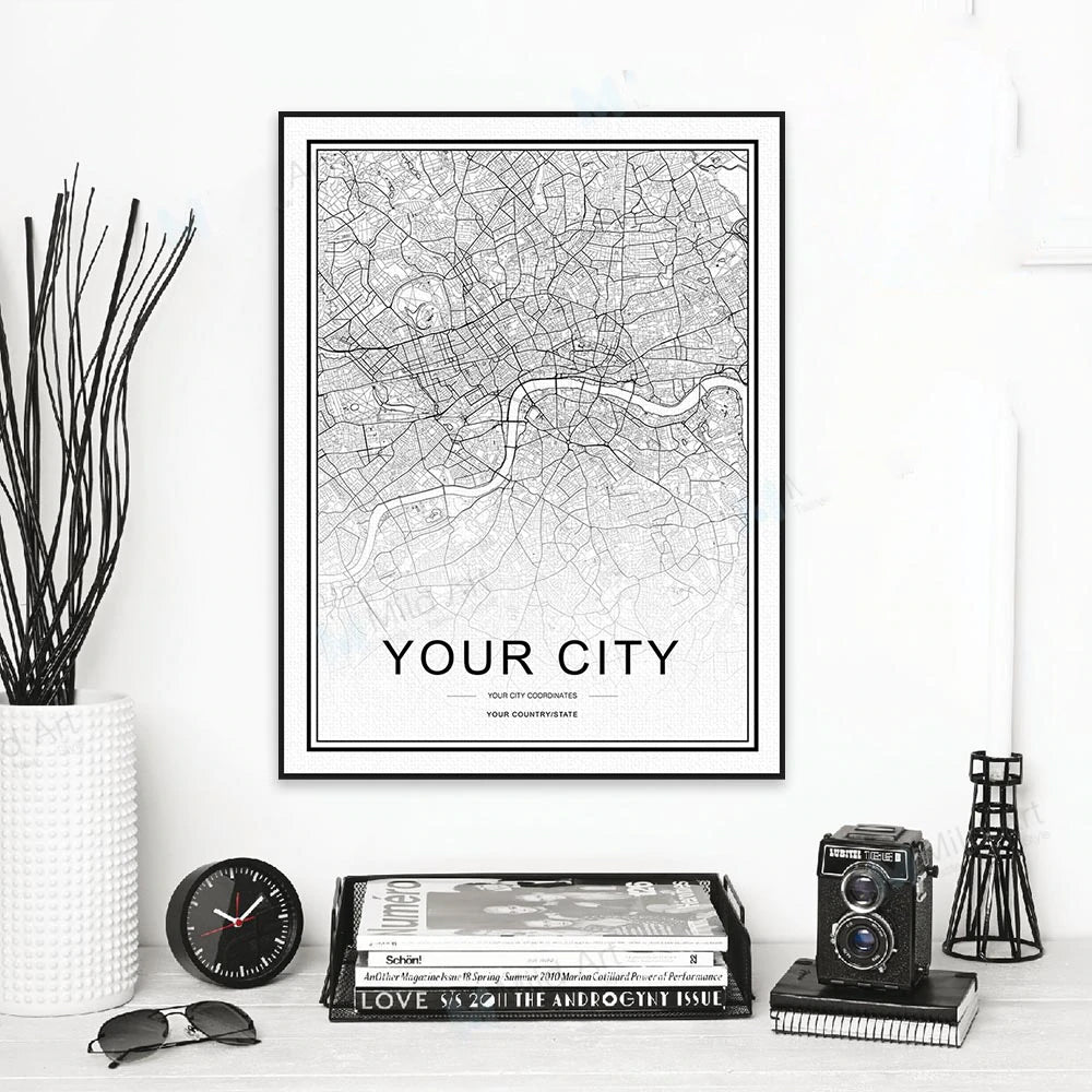 Personalized City Map For Your Wall - High Resolution Highly Detailed Black White Canvas Print Wall Map - Created Specially For You, For Any City Or Town