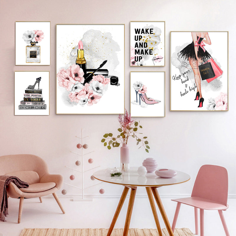 Pink Lipstick Paris Perfume Fashion Wall Art Fine Art Canvas Prints Glamour Makeup High Heels Party Posters Salon Pictures Girls Bedroom Wall Art Decor