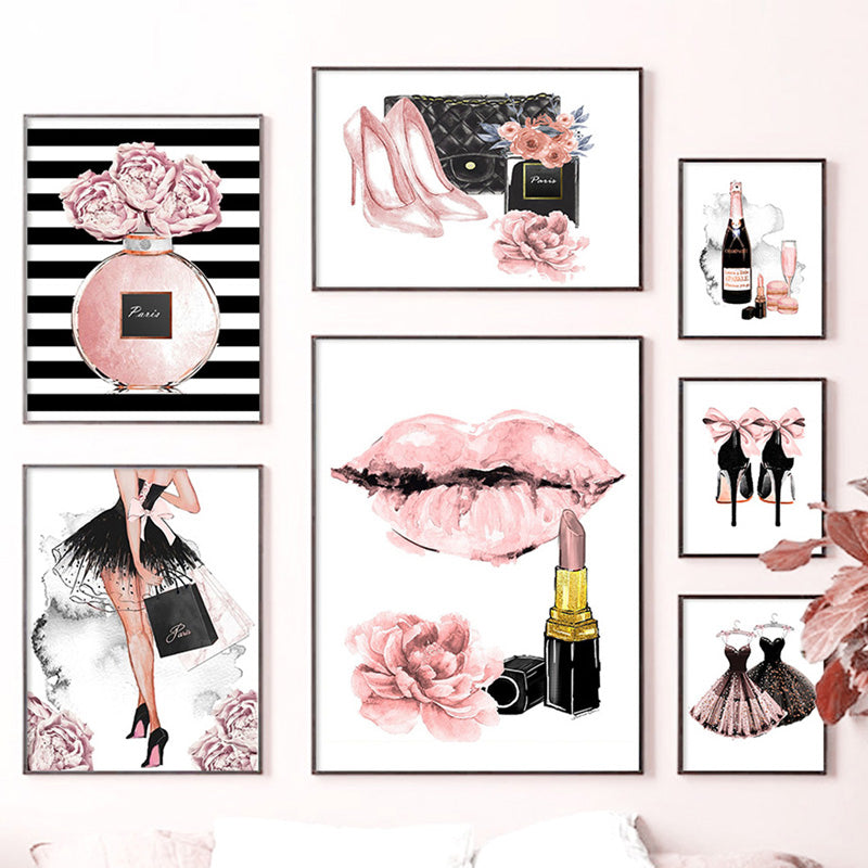 High Fashion Design Wall Decor - Glam Poster Set -0f 6 - Designer Shoes,  Perfume, Handbags - Pink Glamour Wall Art Gifts for Women, Girls Room,  Teens