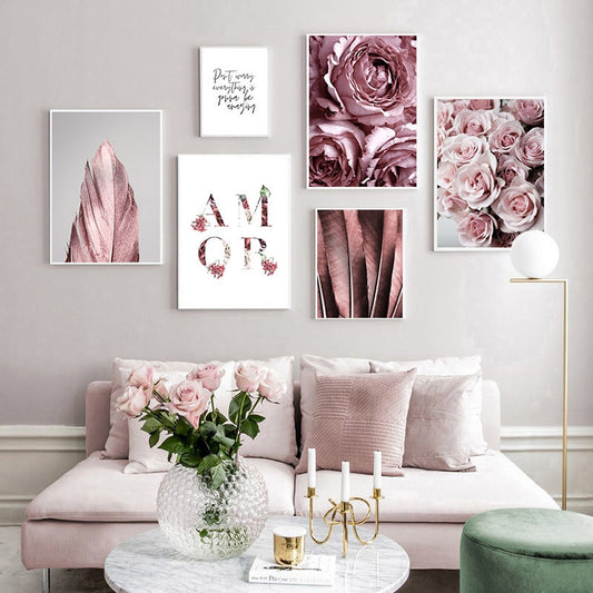 Pink Rose Floral Feather Scandinavian Wall Art Fine Art Canvas Prints Minimalist Amor Letters & Text Nordic Fashion Gallery Pictures For Loving Room Interior Decor