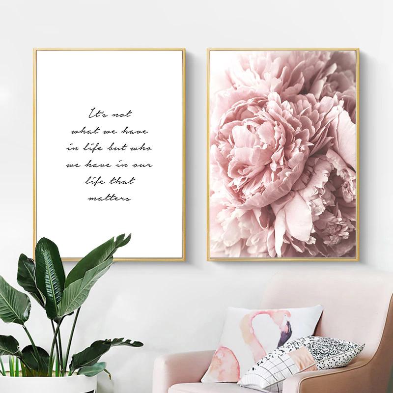 Pink Peonies Simple Quotation Wall Art Minimalist Fine Art Canvas Prints Modern Posters For Living Room Bedroom Home Interior Decor