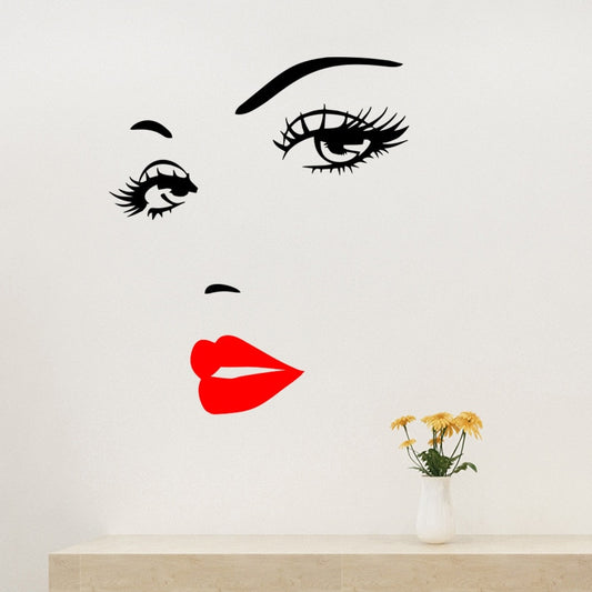 Red Lips And Eyelashes Fashion Wall Mural Removable PVC Vinyl Wall Decal For Girl's Bedroom Creative Simple Beauty Salon Wall Decoration DIY Home Decor
