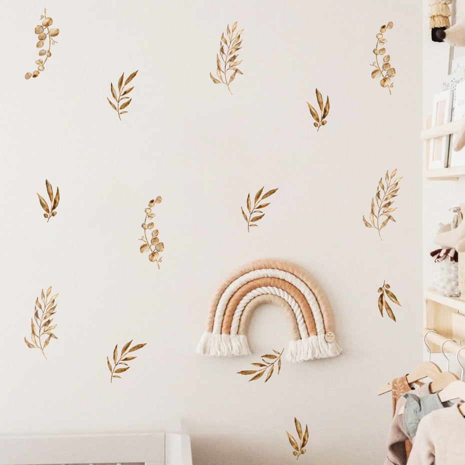 Rustic Leaf Sprig Watercolor Wall Decals Removable PVC Vinyl Wall Stickers For Kitchen Dining Room Living Room Simple Creative DIY Home Decor