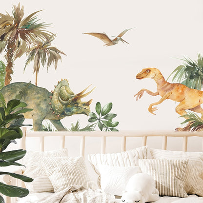 Cartoon Triceratops Dinosaur Scene Nursery Wall Mural PVC Removable Vinyl Wall Decals For Kid's Room Playroom Classroom Creative DIY Wall Decor