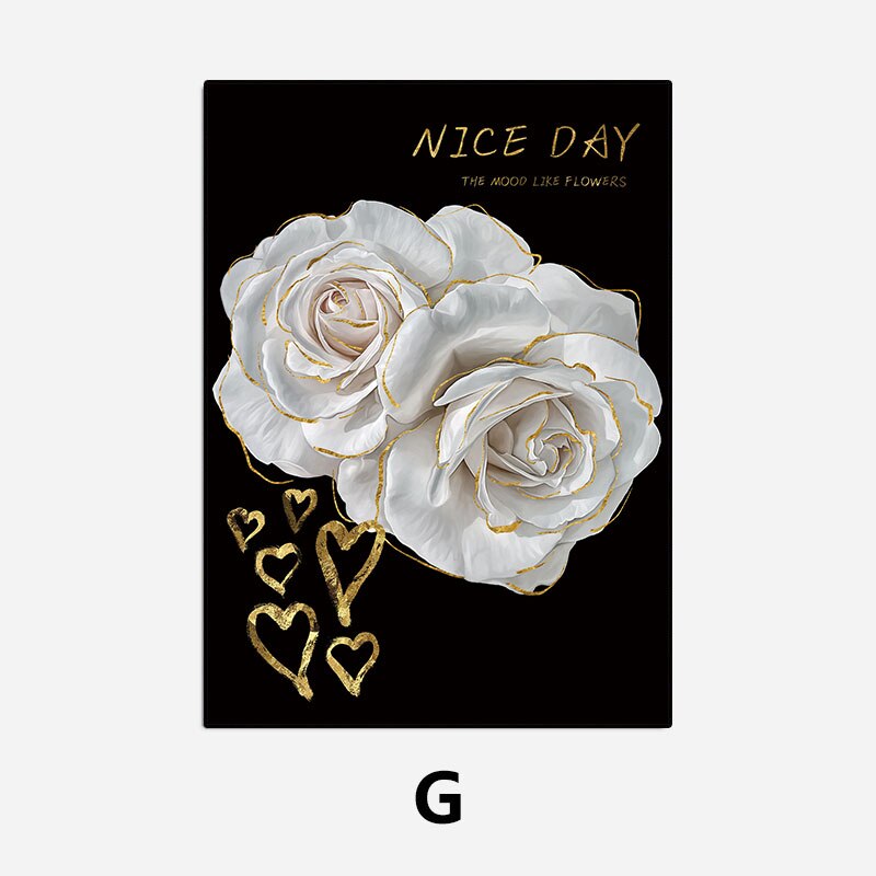 White Golden Flowers Floral Chic Botanical Wall Art Fine Art Canvas Prints Pictures For Luxury Living Room Bedroom Salon Wall Decoration