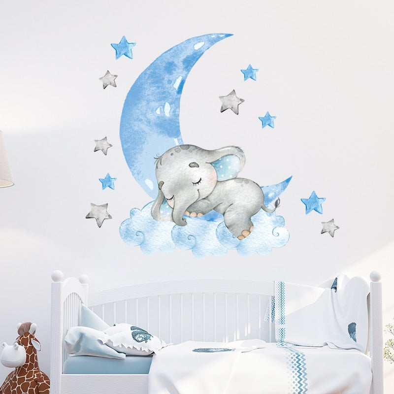 Blue Moon Elephant Hot Air Balloon Wall Decals Removable PVC Vinyl Wall Stickers For Nursery Decor Boy's Room Cute Creative DIY Home Decor