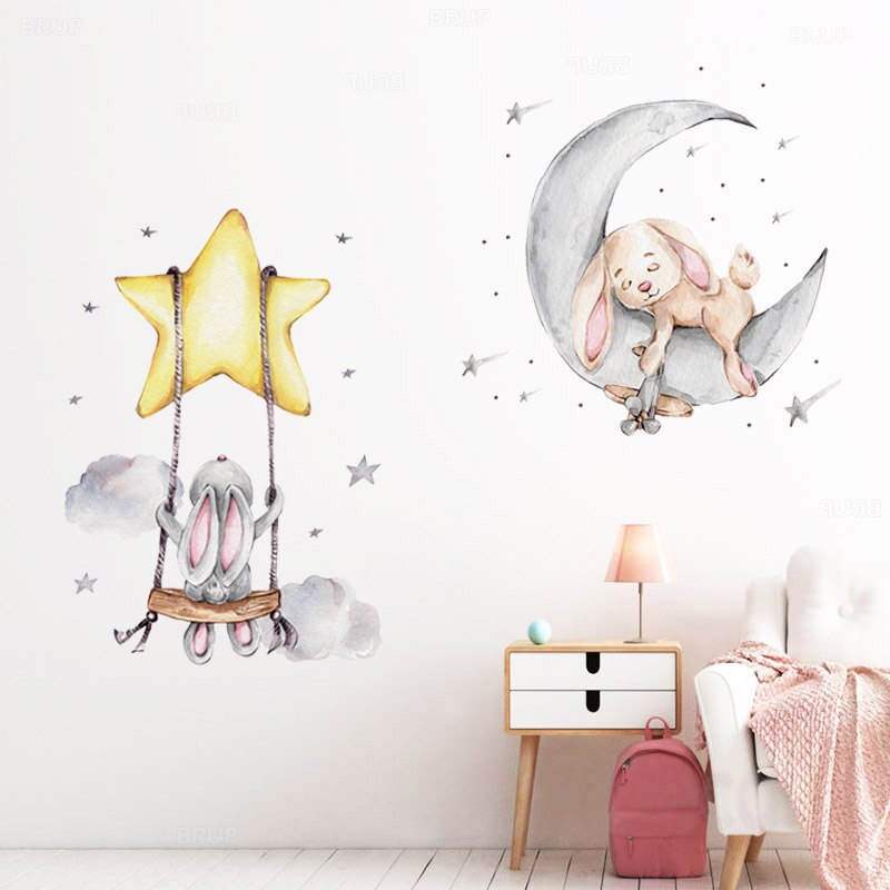 Star Swing Bunny Balloon Wall Decals Removable PVC Vinyl Wall Stickers For Children's Room Nursery Decor Creative DIY Kid's Room Wall Decoration