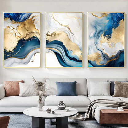 Abstract Liquid Blue Golden Marble Print Wall Art Fine Art Canvas Prints Pictures For Modern Living Room Bedroom Home Office