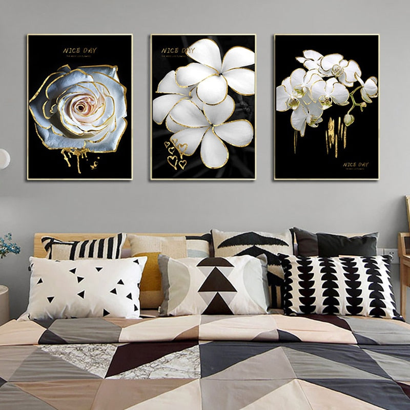 White Golden Flowers Floral Chic Botanical Wall Art Fine Art Canvas Prints Pictures For Luxury Living Room Bedroom Salon Wall Decoration