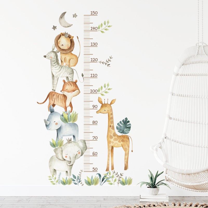 Hippo Elephant Giraffe Cute Animals Kid's Height Measurement Ruler Vinyl Wall Mural Removable PVC Wall Decals For Creative DIY Nursery Decor