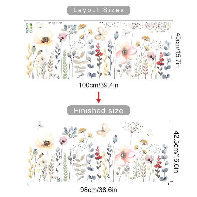  Wild Meadow Watercolor Floral Wall Decals Removable PVC Vinyl Wall Stickers For Bedroom Children's Room Living Room Playroom Creative DIY Home Decor