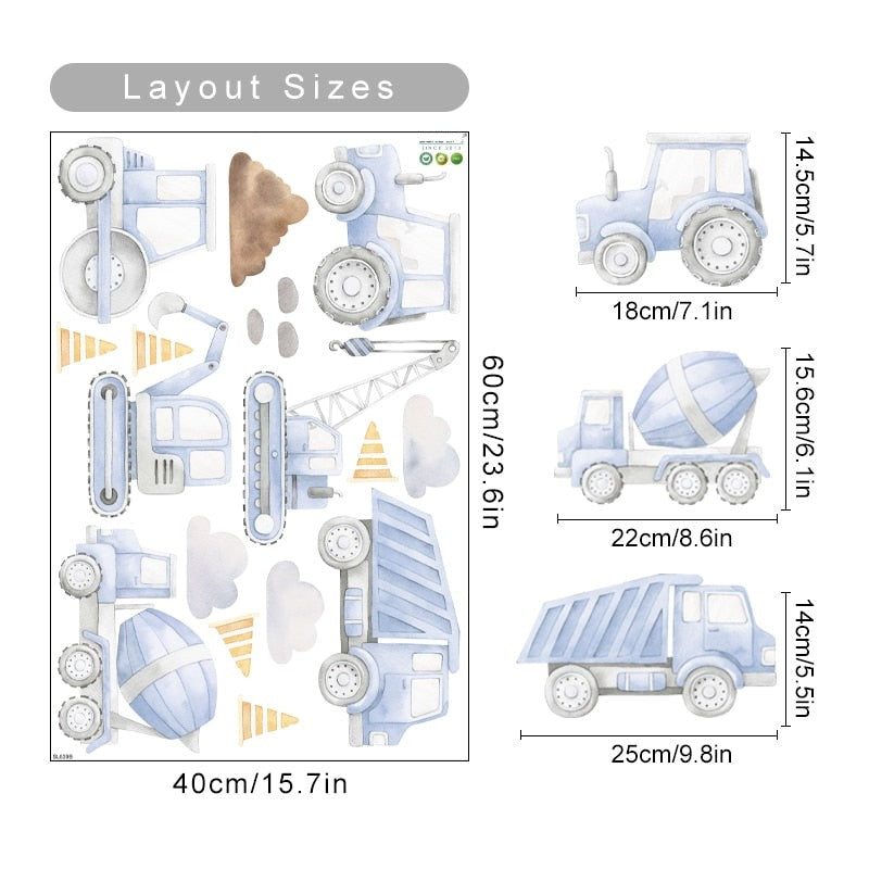 Cartoon Construction Trucks Wall Stickers For Boy's Bedroom Removable PVC Vinyl Wall Decals For Children's Room Kindergarten Playroom DIY Wall Decor