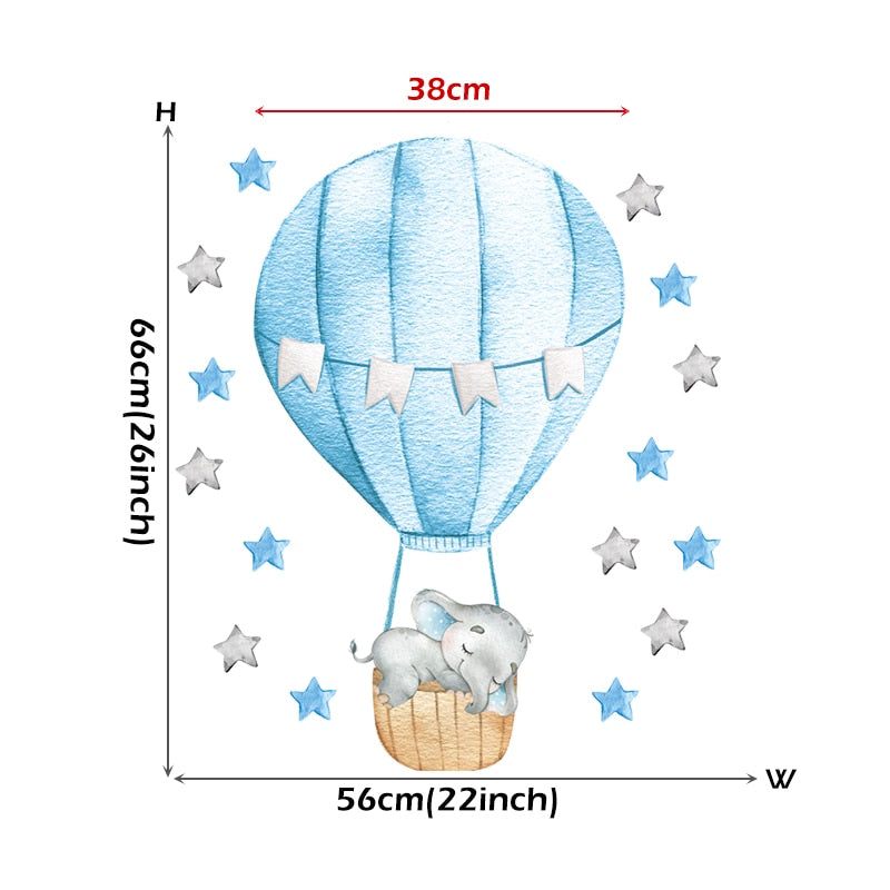 Blue Moon Elephant Hot Air Balloon Wall Decals Removable PVC Vinyl Wall Stickers For Nursery Decor Boy's Room Cute Creative DIY Home Decor
