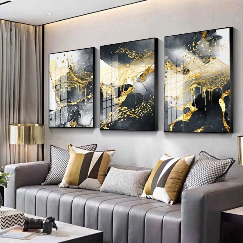 * Featured Sale * Modern Abstract Black Golden Liquid Organic Marble Wall Art Fine Art Canvas Prints For Home Office Art Decor (Set of 3)