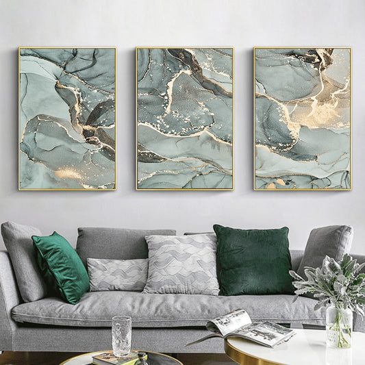 Abstract Green Golden Liquid Marble Wall Art Fine Art Canvas Prints Pictures For Modern Apartment Living Room Bedroom Salon Wall Art Decor
