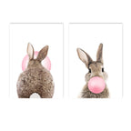 Baby Bunny Pink Bubble Gum Cute Animals Nursery Wall Art Fine Art Canvas Prints Pop Art Rabbit Pictures For Baby's Room Wall Decoration