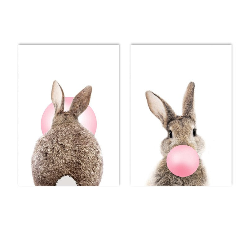 Baby Bunny Pink Bubble Gum Cute Animals Nursery Wall Art Fine Art Canvas Prints Pop Art Rabbit Pictures For Baby's Room Wall Decoration