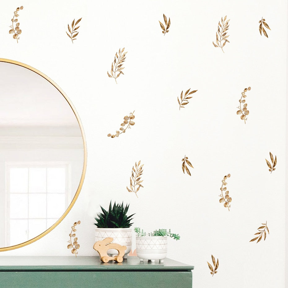 Rustic Leaf Sprig Watercolor Wall Decals Removable PVC Vinyl Wall Stickers For Kitchen Dining Room Living Room Simple Creative DIY Home Decor