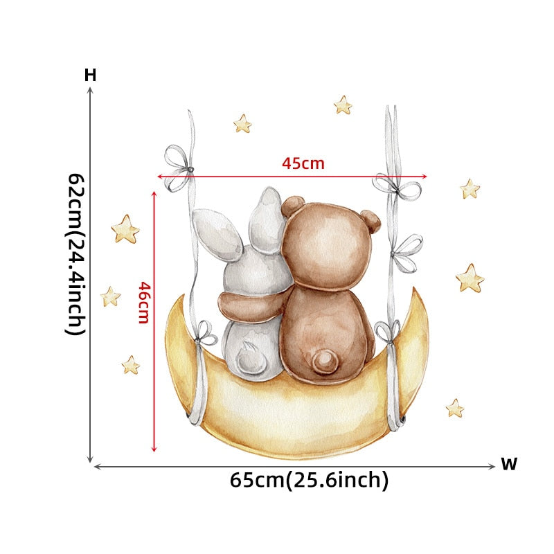 Cute Moon Snooze Teddybear PVC Wall Decals Removable Vinyl Wall Stickers For Nursery Decor Kid's Room Baby's Room Creative DIY Wall Decor