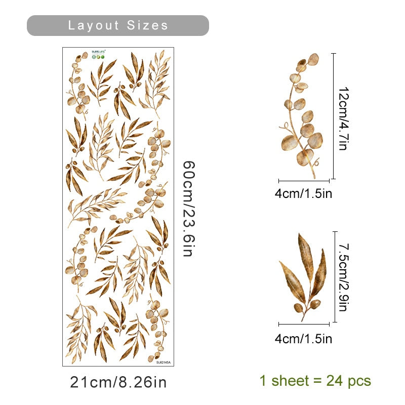 Rustic Leaf Sprig Watercolor Wall Decals Removable PVC Vinyl Wall Stickers For Kitchen Dining Room Living Room Simple Creative DIY Home Decor