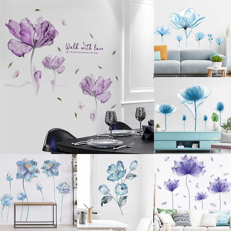 Big Blue Floral Butterflies Vinyl Wall Decal Removable PVC Wall Sticker Mural For Living Room Bedroom Kitchen Wall Decor Creative Home DIY Wall Decoration