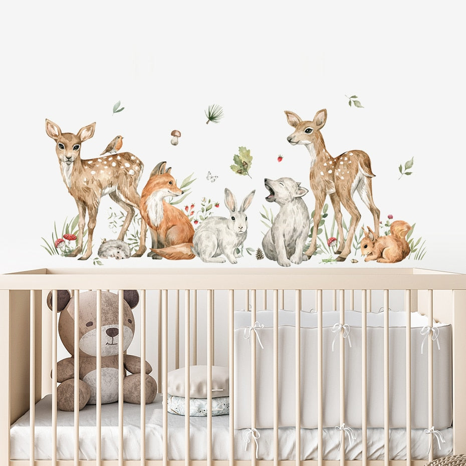 Watercolor Woodland Animals Wall Decals Removable PVC Vinyl Wall Stickers Mural For Nursery Room Baby's Room Creative DIY Home Decor