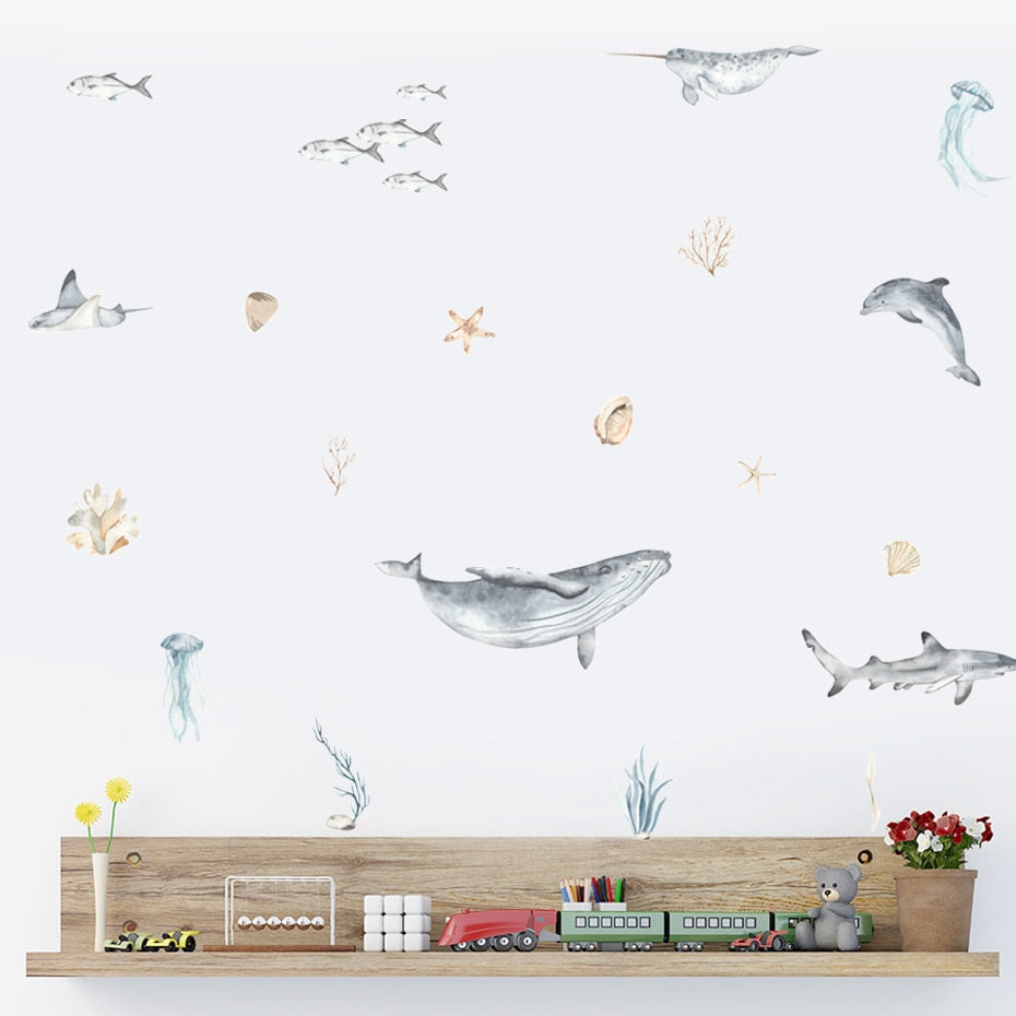 Whale Shark Dolphin Narwhal Jellyfish Ocean Creatures Wall Decals PVC Vinyl Removable Wall Stickers For Nordic Nursery Room Baby's Room Wall Decor