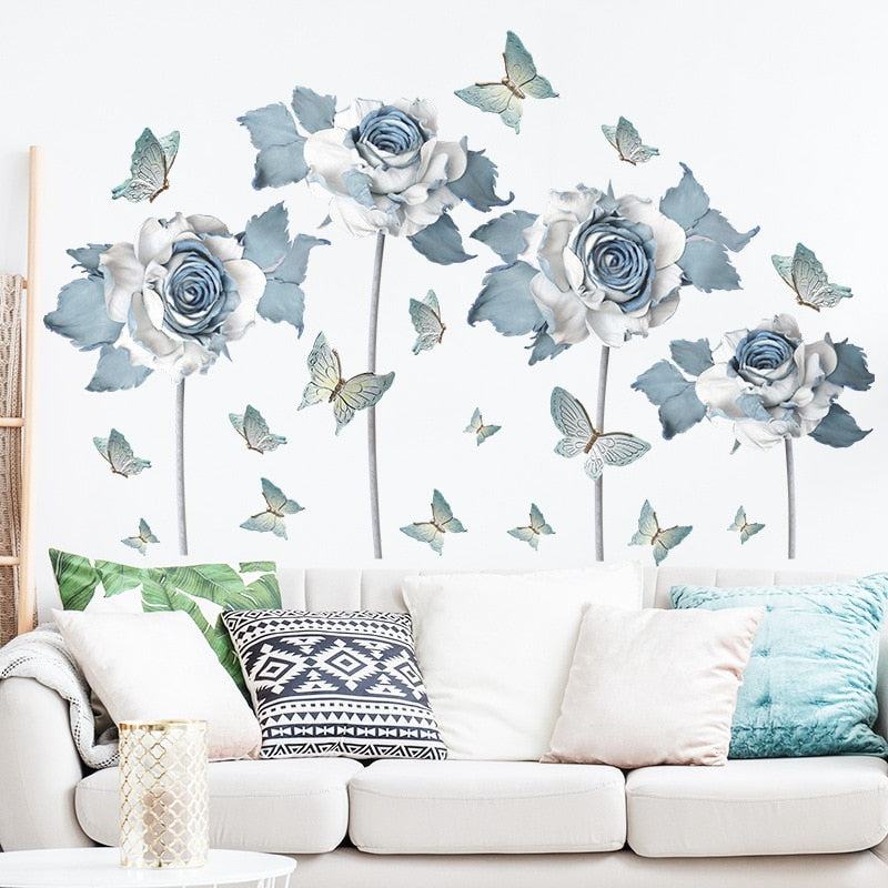 Big Blue Floral Butterflies Vinyl Wall Decal Removable PVC Wall Sticker Mural For Living Room Bedroom Kitchen Wall Decor Creative Home DIY Wall Decoration