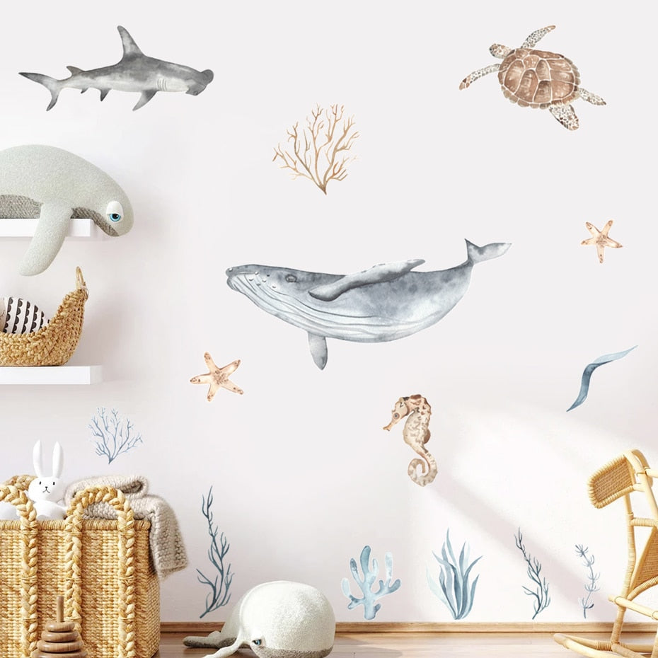 Sea Horse Turtle Whale Wall Ocean Animals Decals Removable PVC Vinyl Wall Sticker For Children's Nursery Room Kid's Playroom Creative DIY Decor