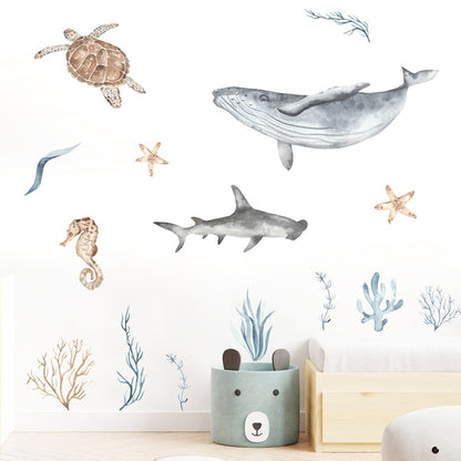 Sea Horse Turtle Whale Wall Ocean Animals Decals Removable PVC Vinyl Wall Sticker For Children's Nursery Room Kid's Playroom Creative DIY Decor