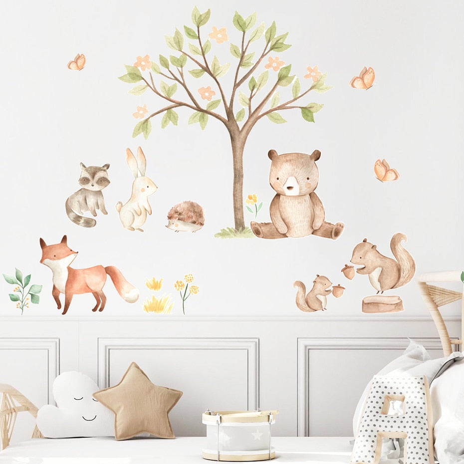 Cute Woodland Animals Bear Rabbit Squirrel Fox Wall Decals Peel N Stick Vinyl Wall Stickers For Nursery Room Baby's Room Kindergarten Wall Decor
