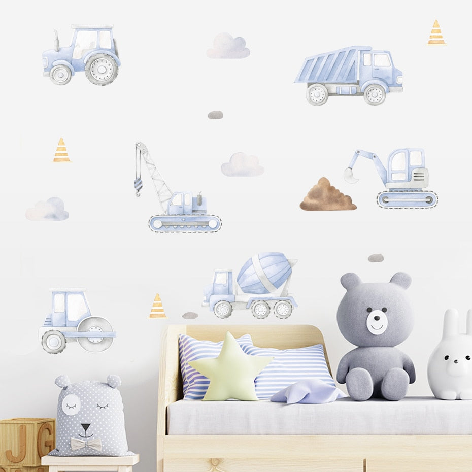 Cartoon Construction Trucks Wall Stickers For Boy's Bedroom Removable PVC Vinyl Wall Decals For Children's Room Kindergarten Playroom DIY Wall Decor