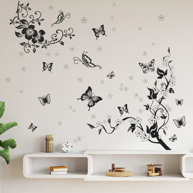 Butterfly Flower Tree Vinyl Wall Decal Removable PVC Wall Mural For Living Room Bedroom Kitchen Wall Decor Creative Home DIY Wall Decoration
