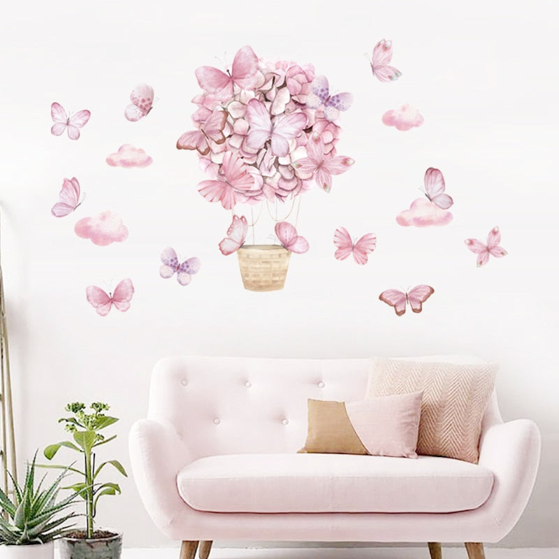 Pink Butterfly Balloon Nursery Wall Mural Removable Vinyl PVC Wall Stickers Decals For Baby's Room Children's Bedroom Creative DIY Home Decor