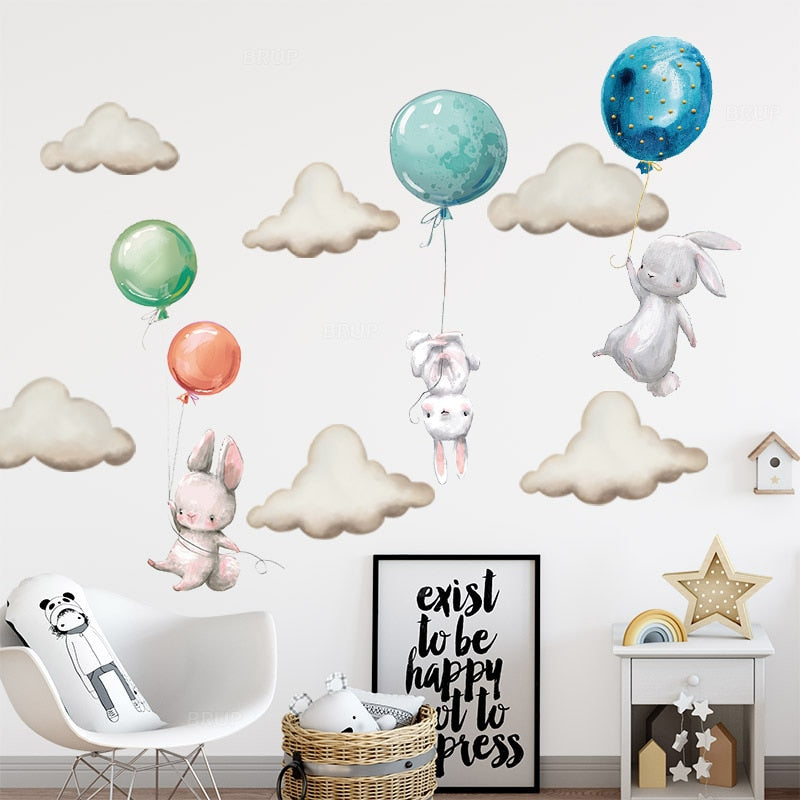 Pink Balloon Cloud Bunnies Vinyl Wall Decals Removable PVC Stickers For Nursery Room Decor Kindergarten Creative DIY Home Children's Room Decor