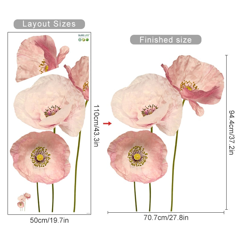 Big Pink Poppies Watercolor Floral Mural Vinyl Wall Decal Removable PVC Wall Stickers For Living Room Bedroom Creative DIY Nursery Wall Decor